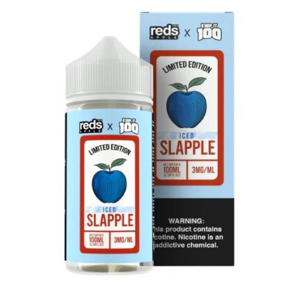 A 100 mL bottle of Reds x Keep It 100 iced slapple-flavored ejuice. The packaging contains the warning, "This product contains nicotine. Nicotine is an addictive chemical."
